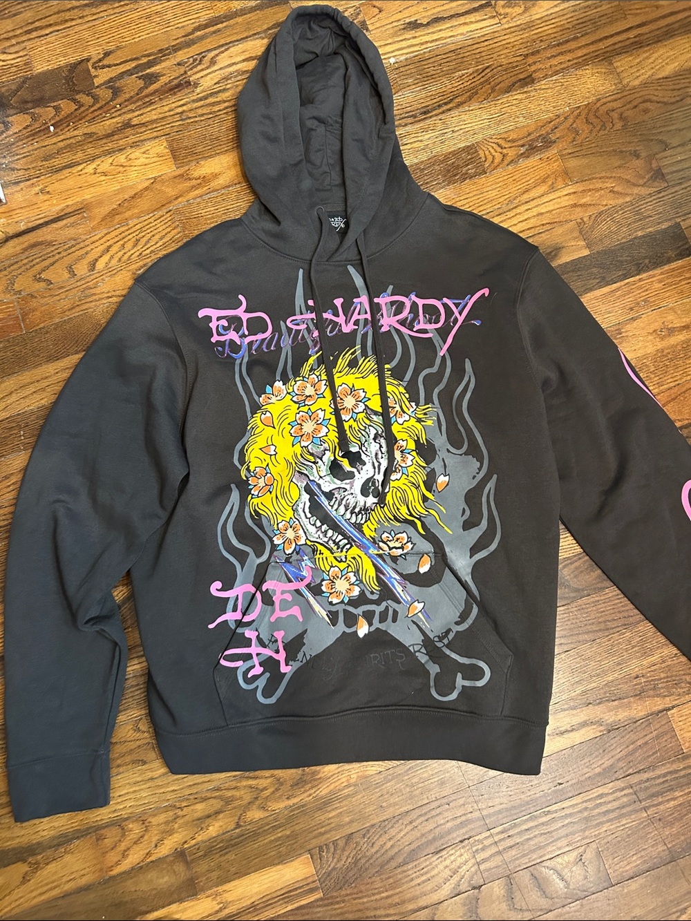 Ed Hardy Black Hoodie with Yellow Skull & Pink Script